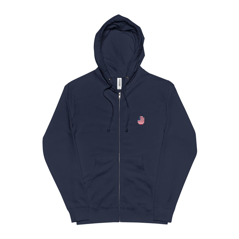 AmerICAN Flag Zip-Up Hoodie — with 'AmeriICAN' Back Print