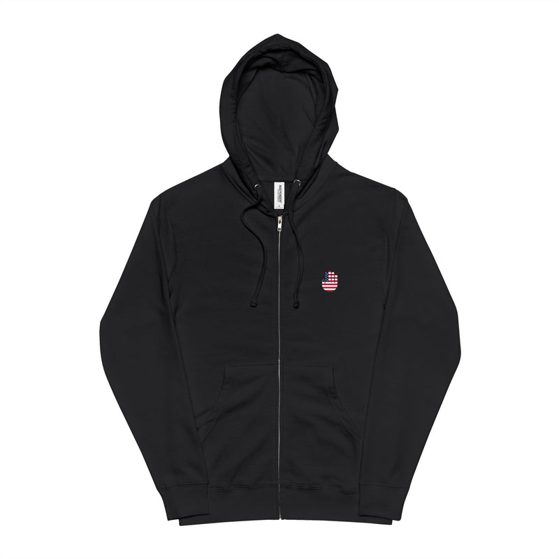 AmerICAN Flag Zip-Up Hoodie — with 'AmeriICAN' Back Print