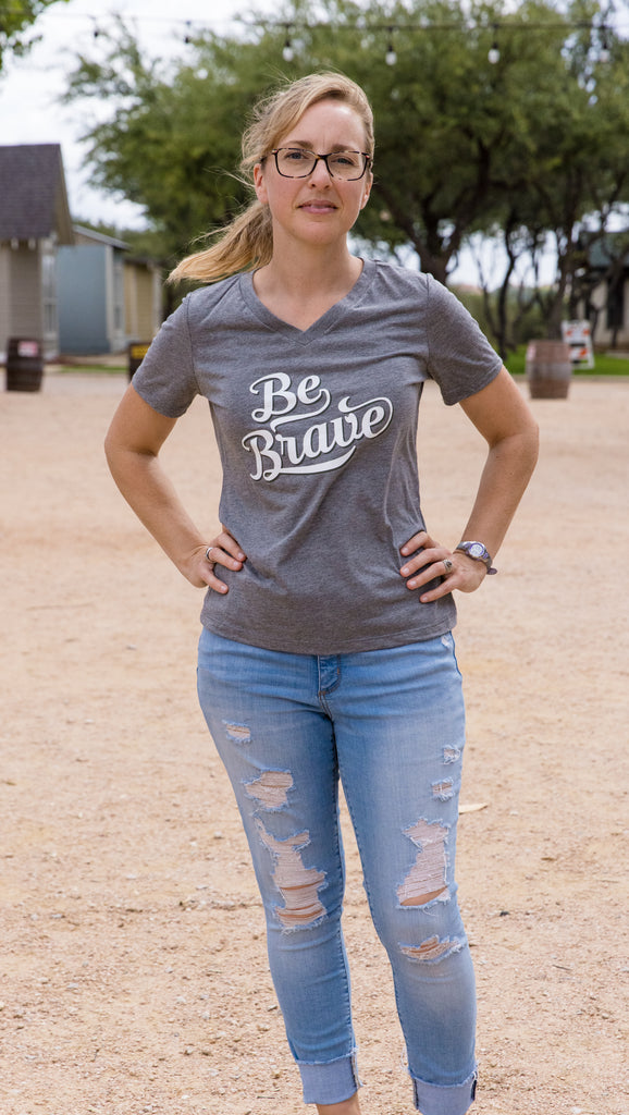 Be Brave Women's V Neck Tee - Grey